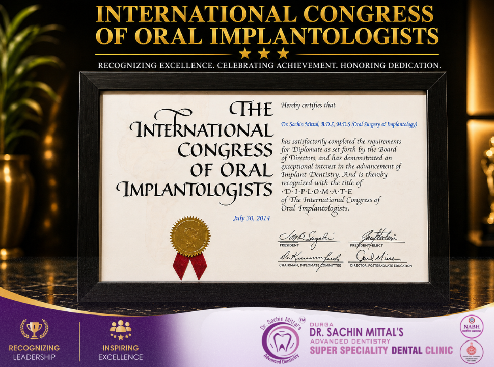Dr. Sachin Mittal was honored by the prestigious International Congress of Oral Implantologists (ICOI) for his excellence and dedication in the field of Oral Implantology. This globally recognized certification reflects his advanced expertise in implant dentistry, commitment to continuous education, and passion for delivering high-quality patient care. The achievement stands as a symbol of professional excellence, leadership, and innovation in modern dental treatment.