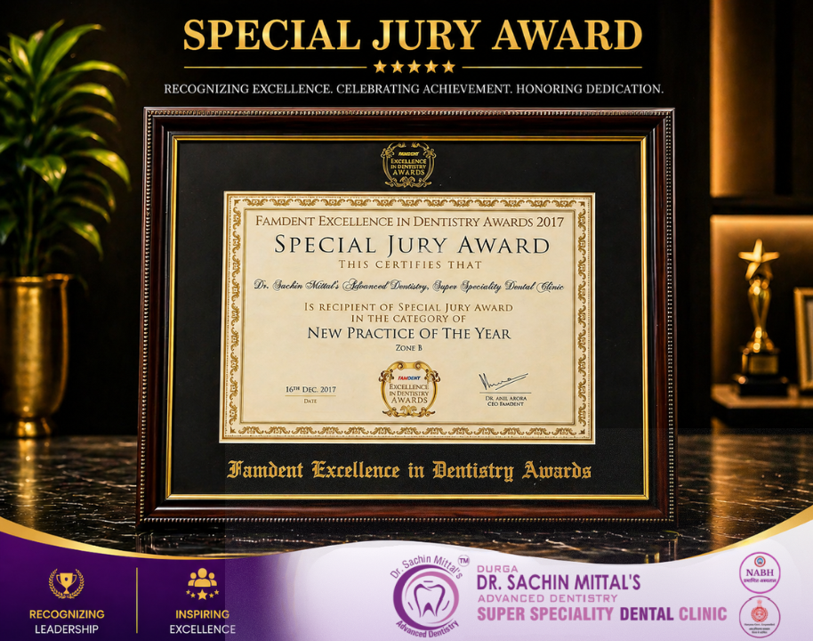 Dr. Sachin Mittal’s Advanced Dentistry was honored with the Special Jury Award at the Famdent Excellence in Dentistry Awards 2017 under the category “New Practice of the Year.” This prestigious recognition celebrates outstanding dedication, innovation, and excellence in modern dental care. The award reflects Dr. Mittal’s commitment to advanced treatment standards, patient satisfaction, and creating a trusted name in super specialty dentistry.